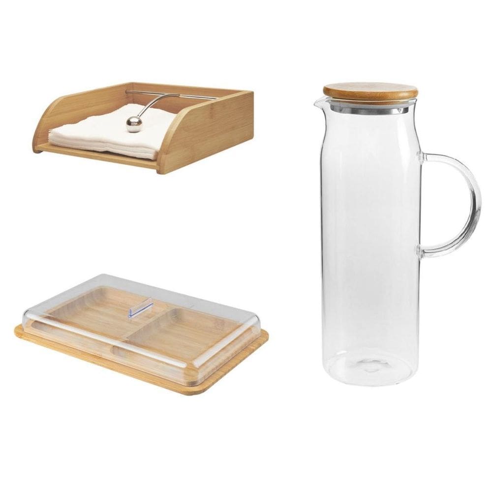 Kit 3 Peças Mesa Posta Com Jarra De Vidro Linha Bambu Ou