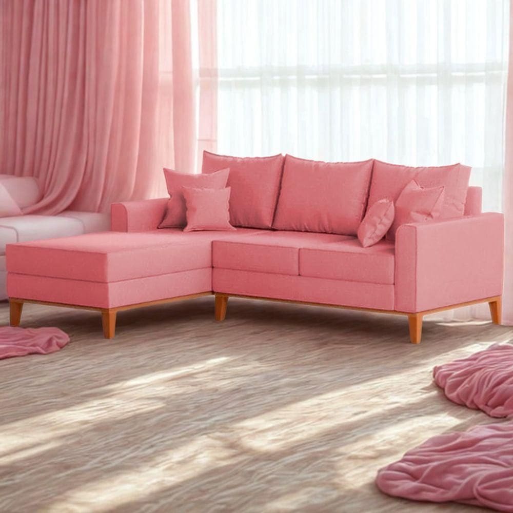 Sofá 3 Lugares Beny Com Chaise Esquerdo Suede Rosa