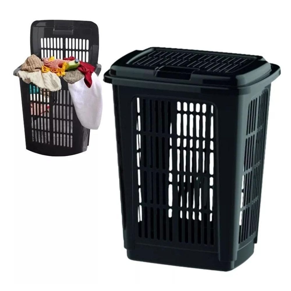 Cesto De Roupa Lixeira Multiuso Lavanderia Preta 60 Litros
