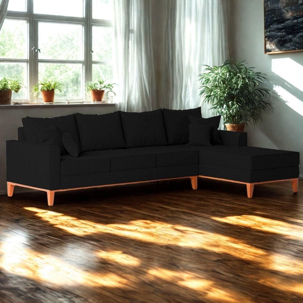 Sofá 4 Lugares Beny Com Chaise Direito Corino Preto
