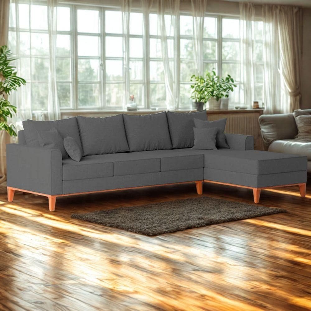 Sofá 4 Lugares Beny Com Chaise Direito Suede Cinza