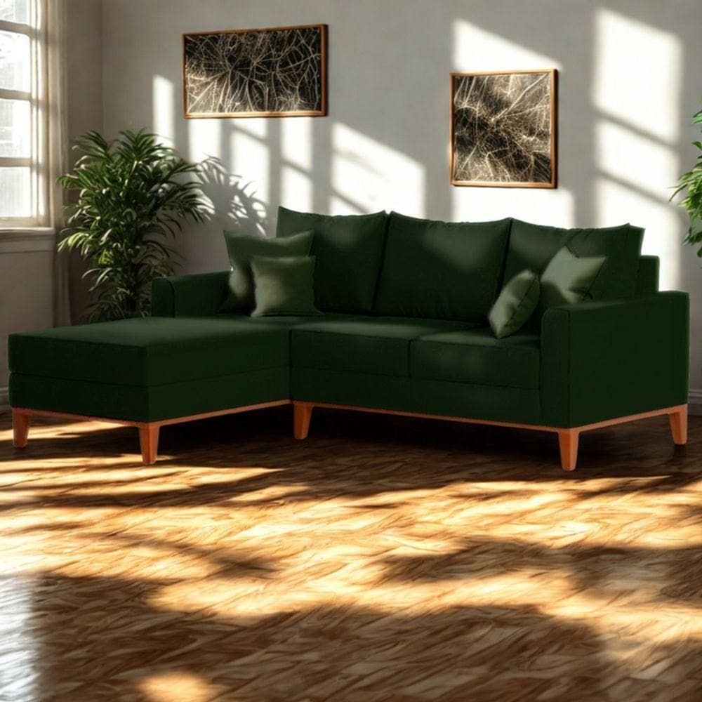 Sofá 3 Lugares Beny Com Chaise Esquerdo Suede Verde