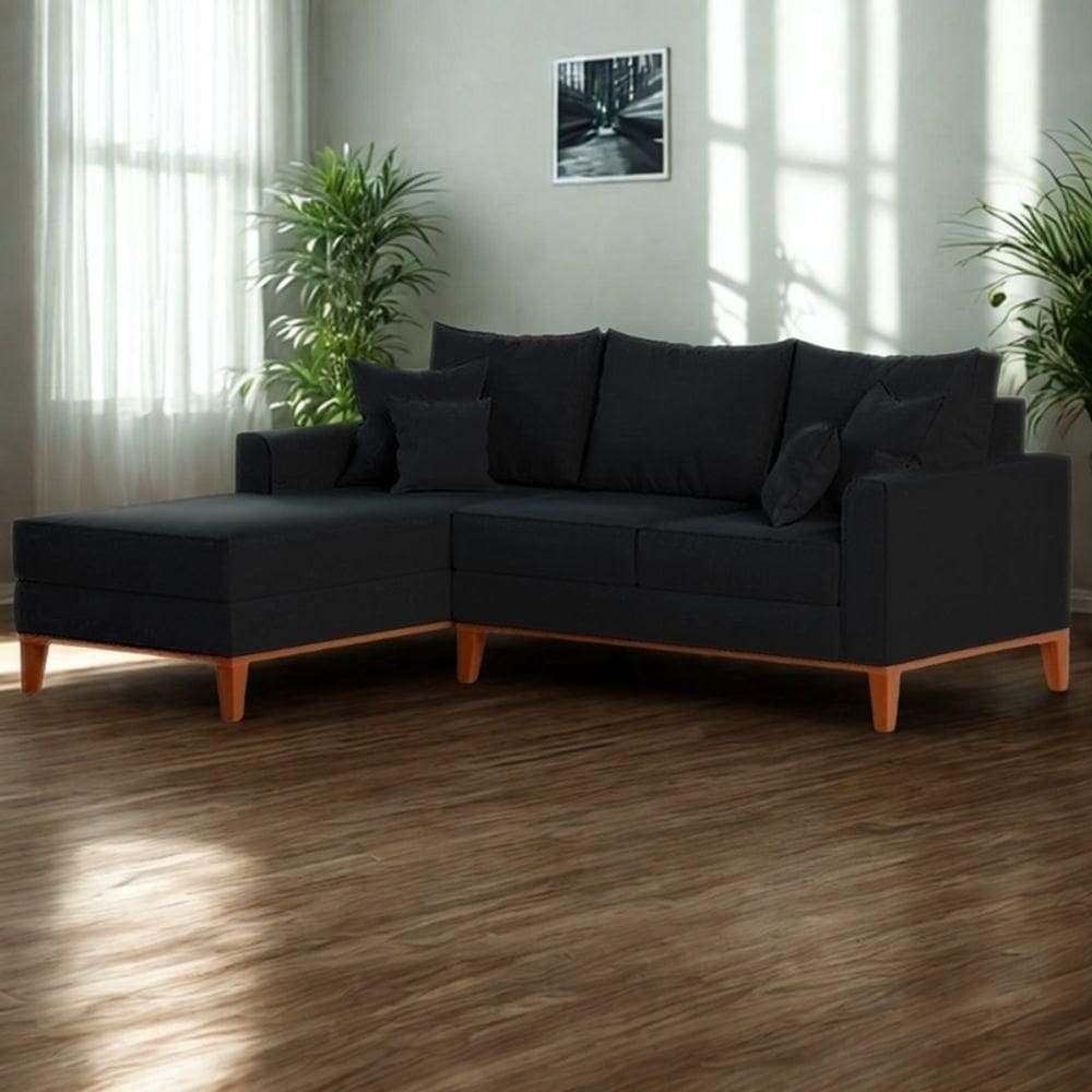 Sofá 3 Lugares Beny Com Chaise Esquerdo Linho Preto