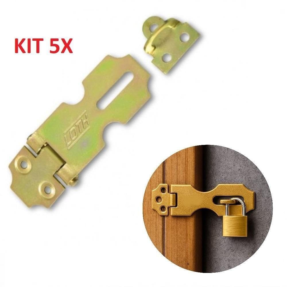 Kit 5 Trinco Articulado Metalico Ouro Envelhecido Portas Janelas Dobradica 2 1-2 Cadeado