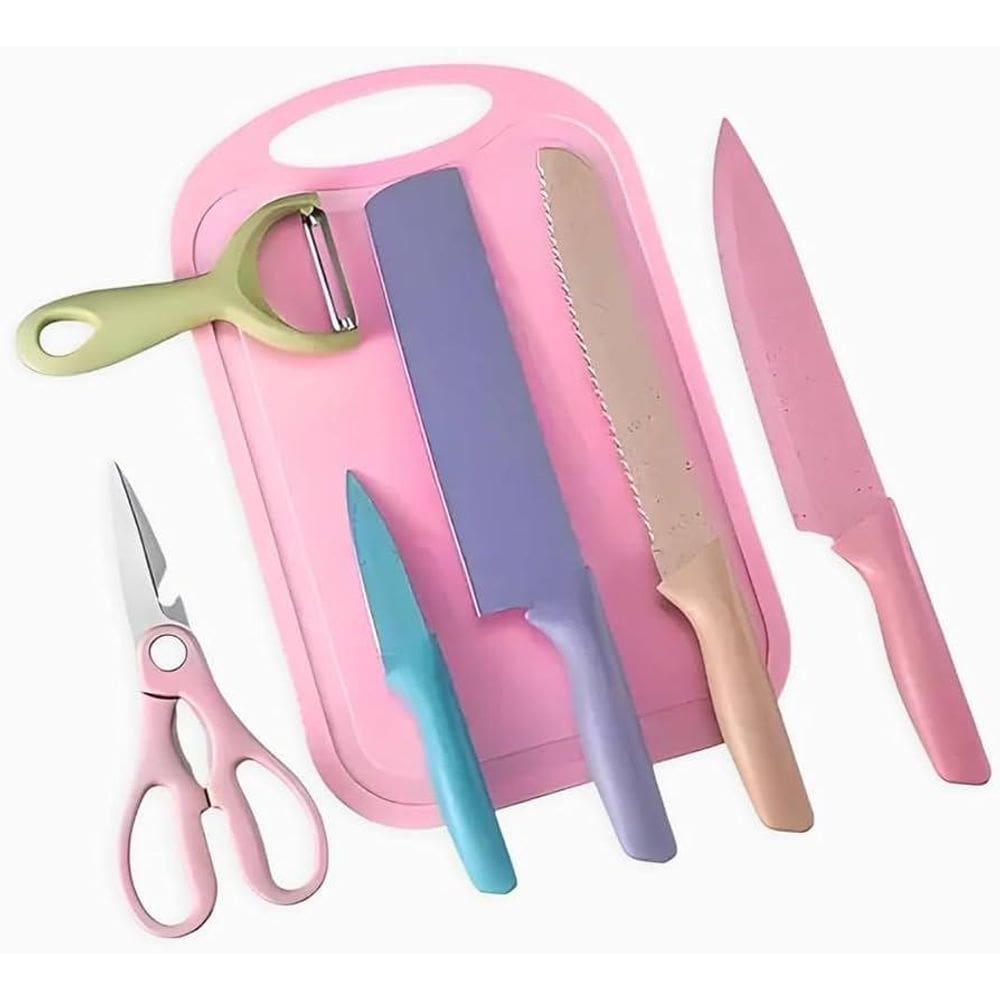 Super Kit Facas Gourmet Inox Tábua Corte 7 Pecas Coloridas