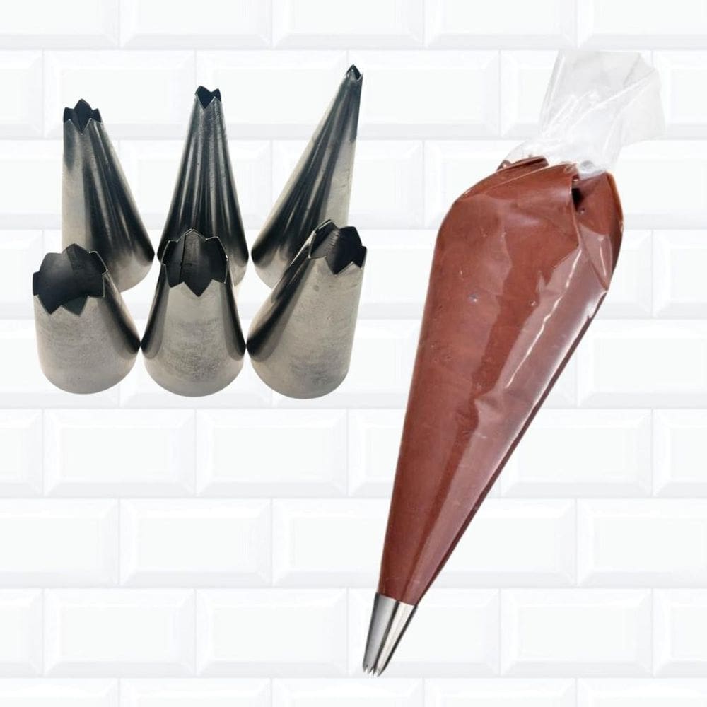 Kit Bico P Confeitar Inox 6 Crespo Pitanga Aberta + Saco Des