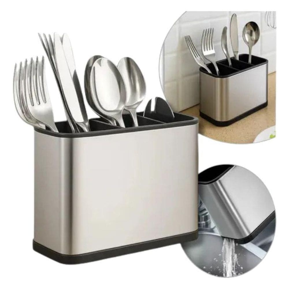 Porta Talheres De Aço Inox 03 Divisões Sistema De Drenagem