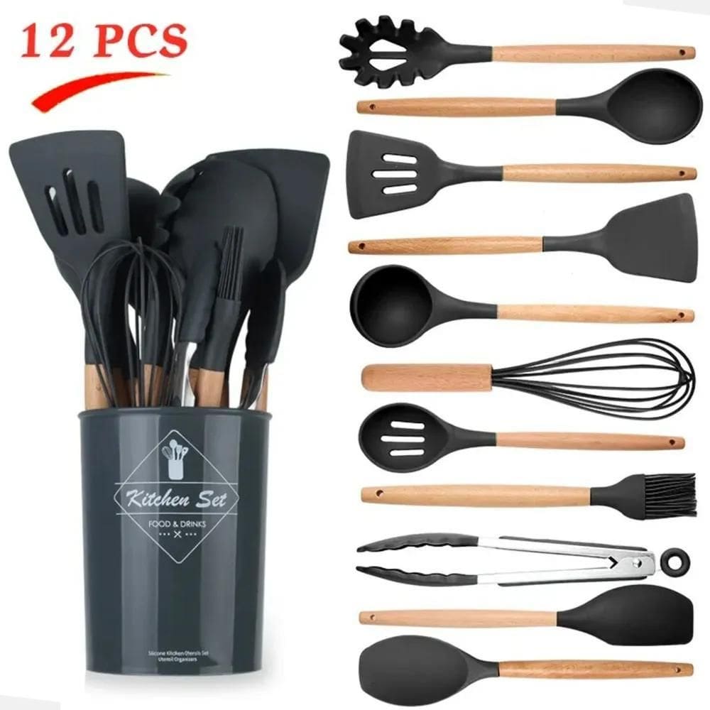 Kit De Cozinha 12 Utensílios Em Silicone Concha Colher Preto