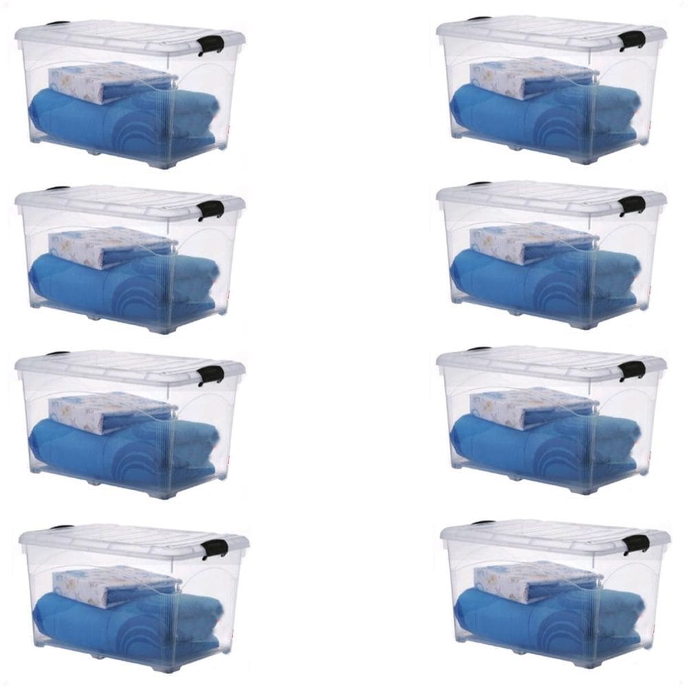 8 Caixas Organizadoras 95 Lts Transparente Travas E Rodinhas