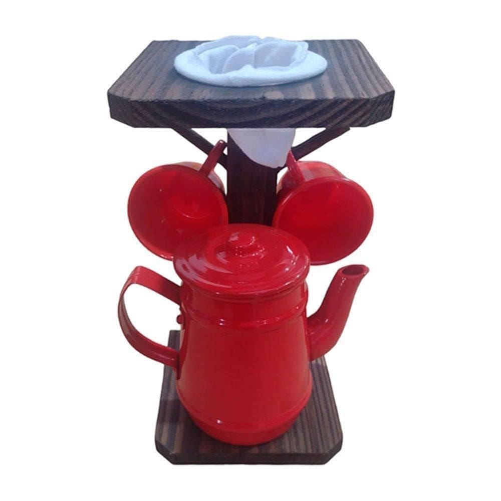 Conjunto Café Com Bule Alumínio E Suporte Rústico Vermelha