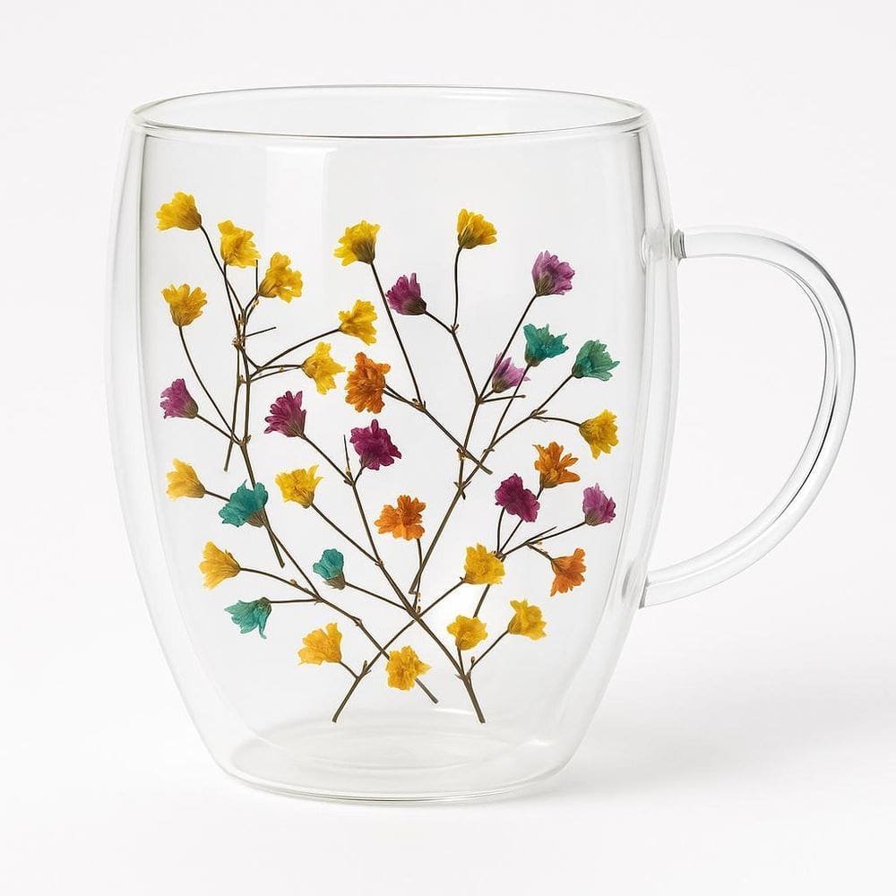 Caneca Xícara 350Ml Chá Café Parede Dupla Vidro Flores