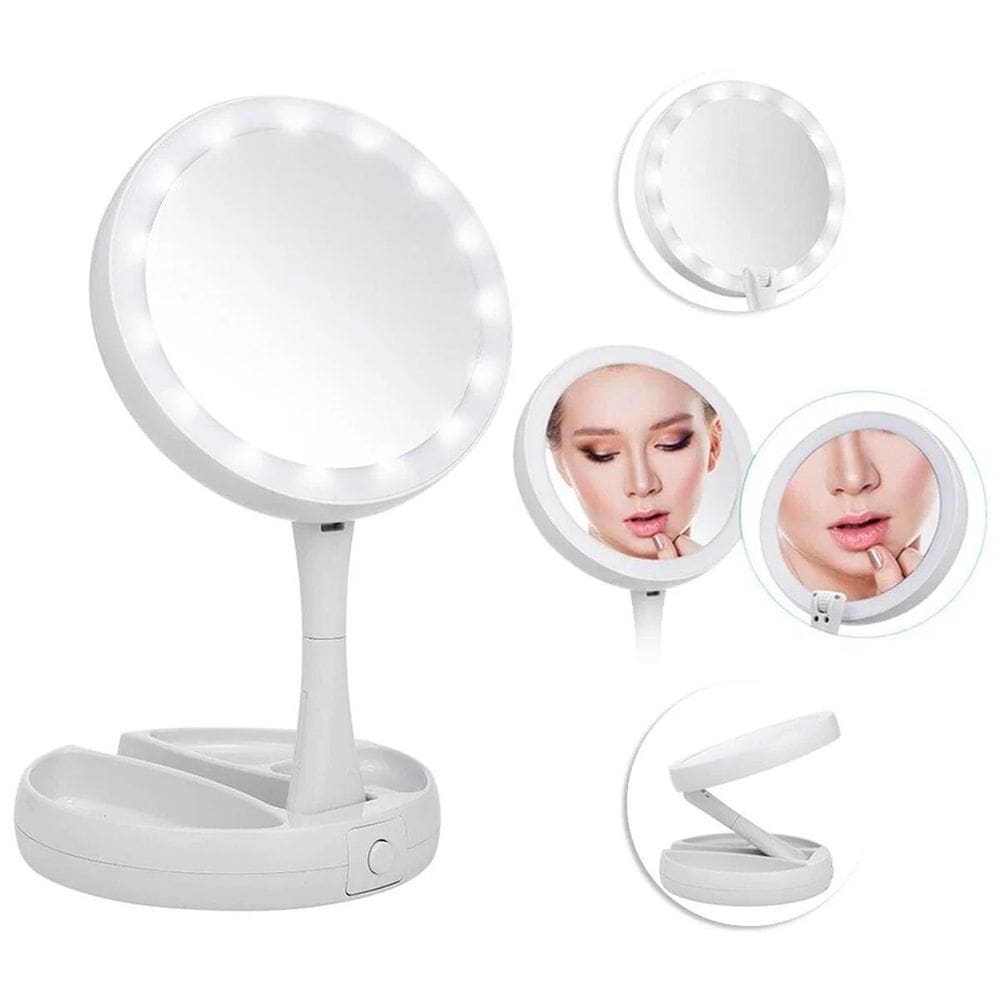 Espelho Led Iluminado Dobrável Portátil Ajustável Dupla Face