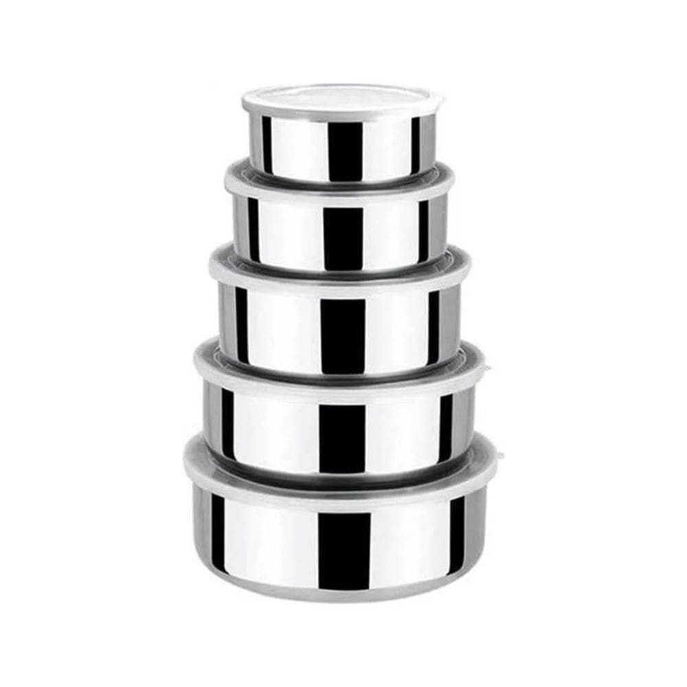 Jogo De Tigelas Aço Inox Empilhável 5 Peças Potes Com Tampa