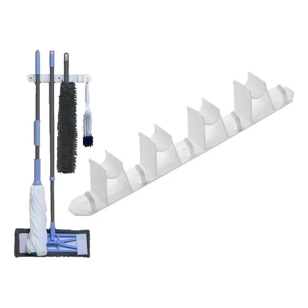 Suporte Para Rodo E Vassoura 4 Encaixes 5 Ganchos Branco
