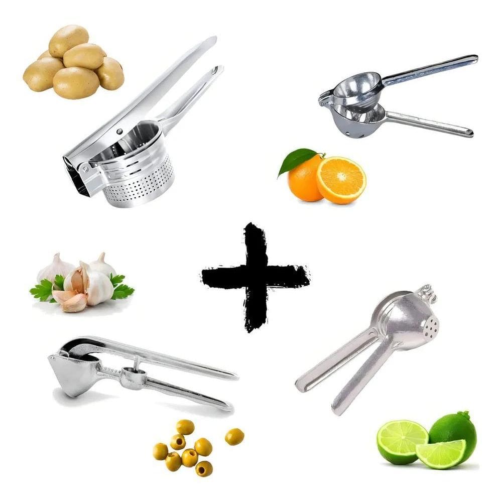 3X Kit 4 Espremedor Alho, Laranja, Batata E Limão Em Alumini