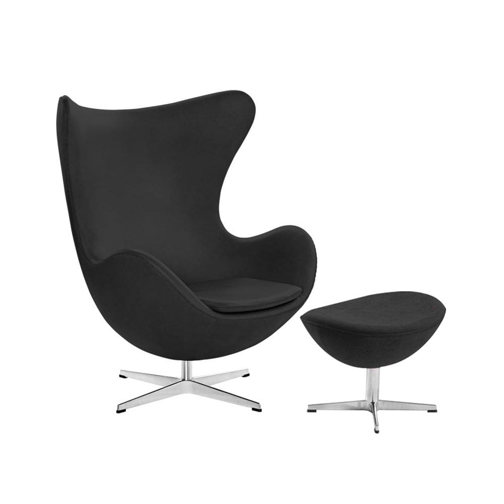 Poltrona Egg com Puff Base Alumínio em Sintético Preto