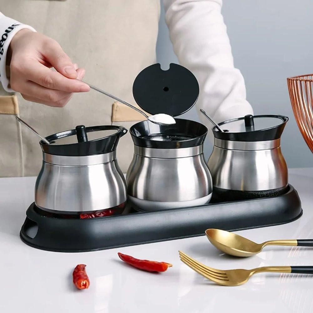 Conjunto 3 Unidades Porta Condimentos De Vidro 250Ml - Inox