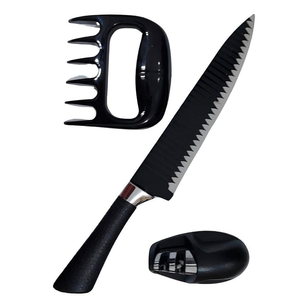 Kit Churrasco 3 Peças Faca Garra Amolador Preto Aço Inox