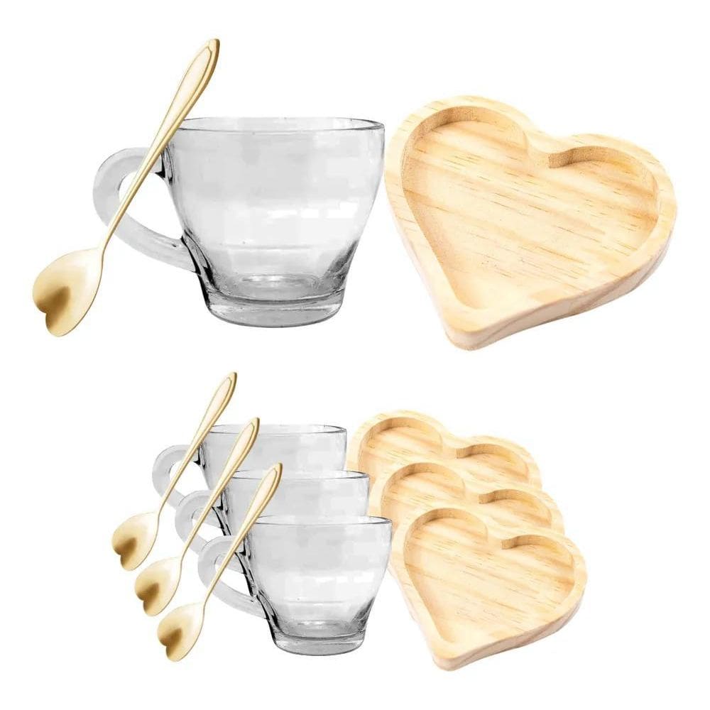 Kit Pires Coração + Xícaras + Colherzinha Dourada Rosê 12Pç