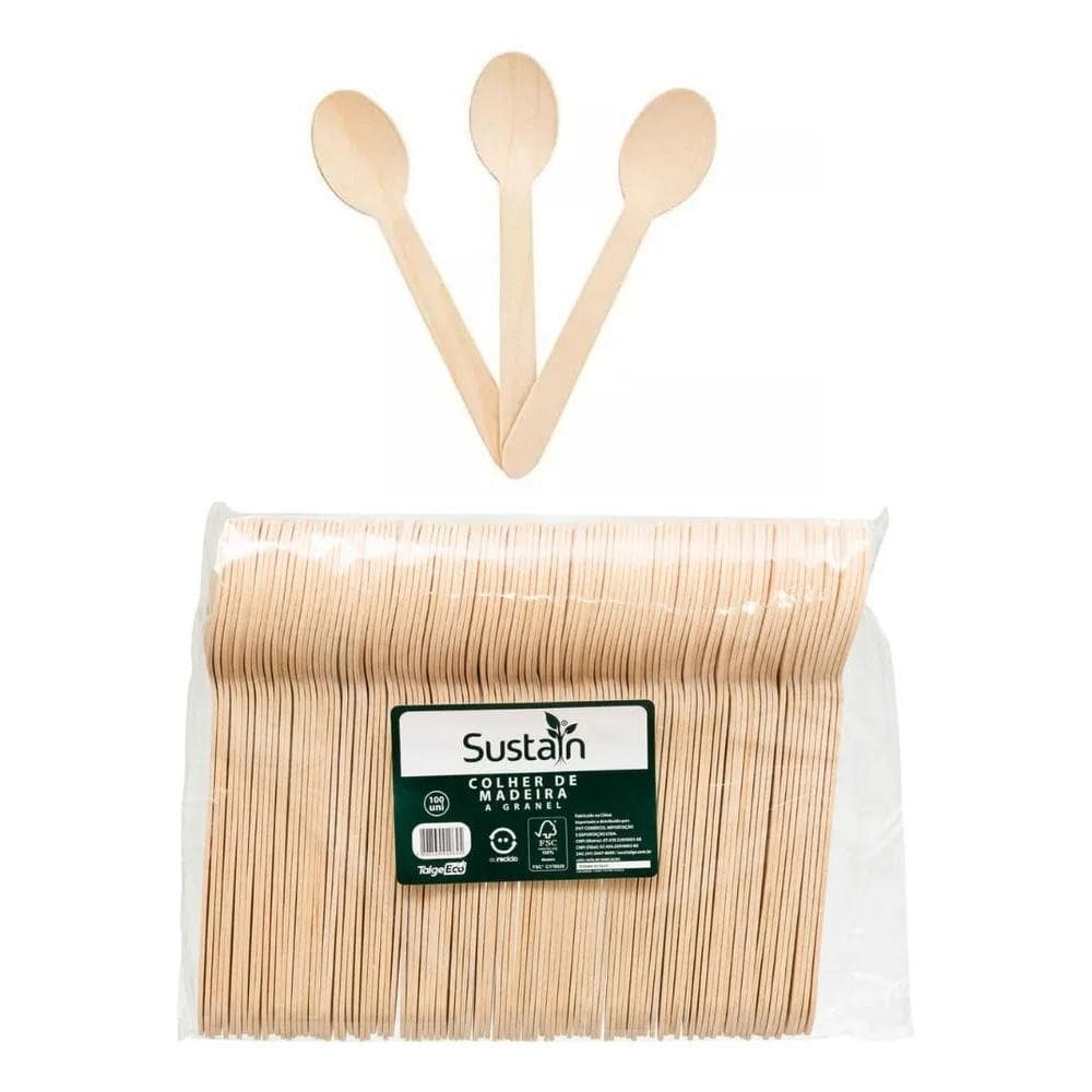 Colher De Madeira Descartável A Granel Pacote C/100 - Sustan