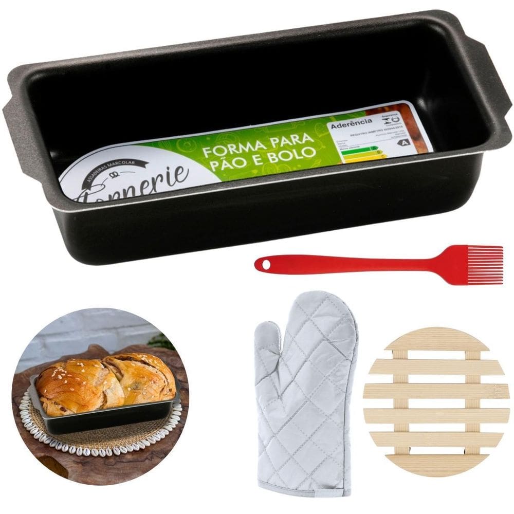 Forma De Pão Média 1,3L + Luva + Pincel + Descanso De Panela