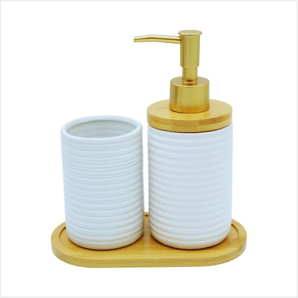 Jogo Banheiro Lavabo Porcelana Escova Sabonete Bandeja Bambu