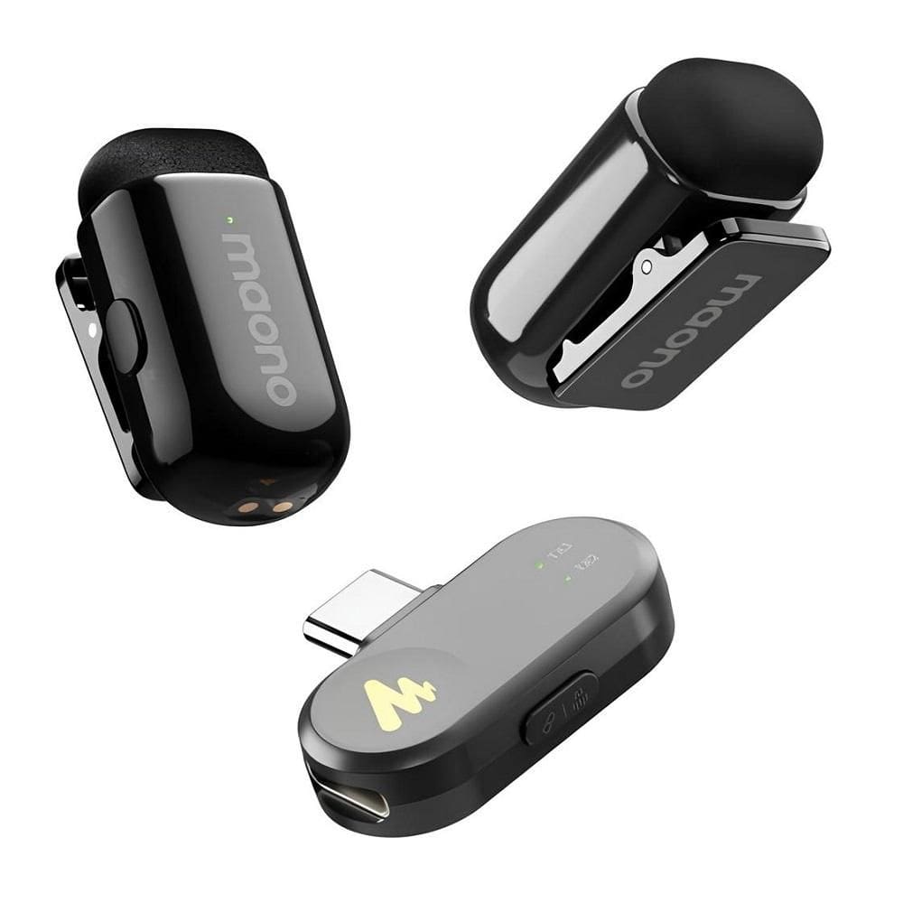 Kit Microfone Lapela sem Fio Maono Wave T1 Mini Preto, Versão USB Tipo-C, com Case de Carregamento, WM622 TYPE-C