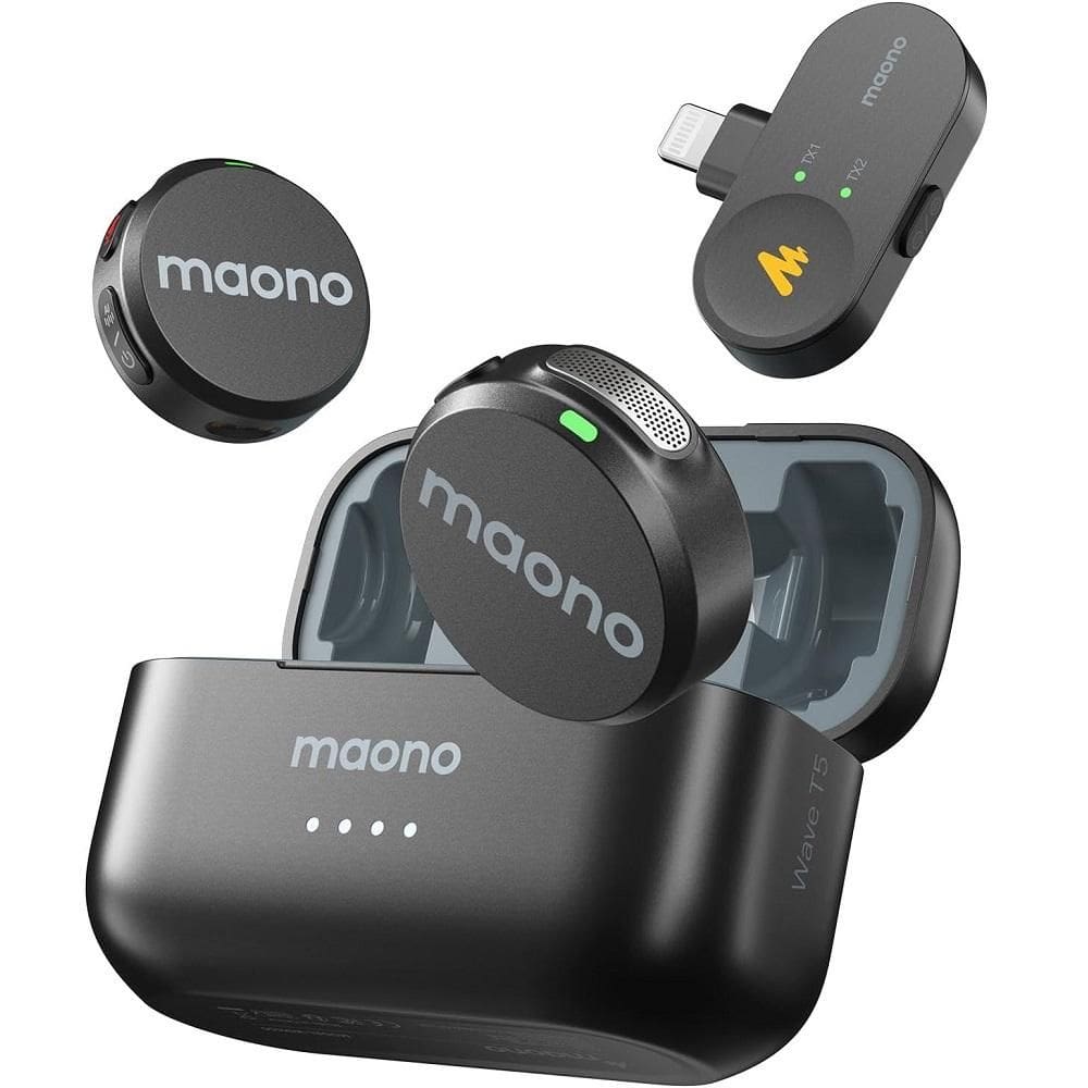 Kit Microfone Lapela sem Fio Maono Wave T5 Preto, Versão Lightning, WM650 LIGHTINING