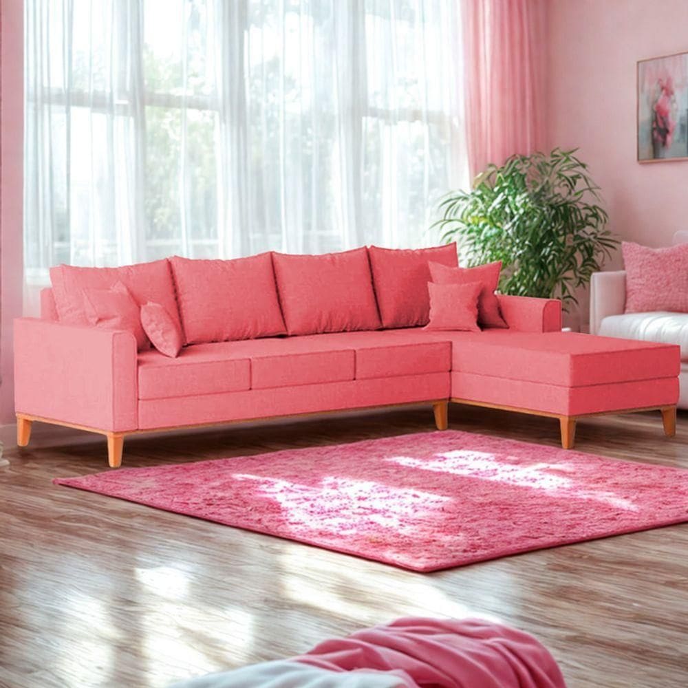 Sofá 4 Lugares Beny Com Chaise Direito Suede Rosa