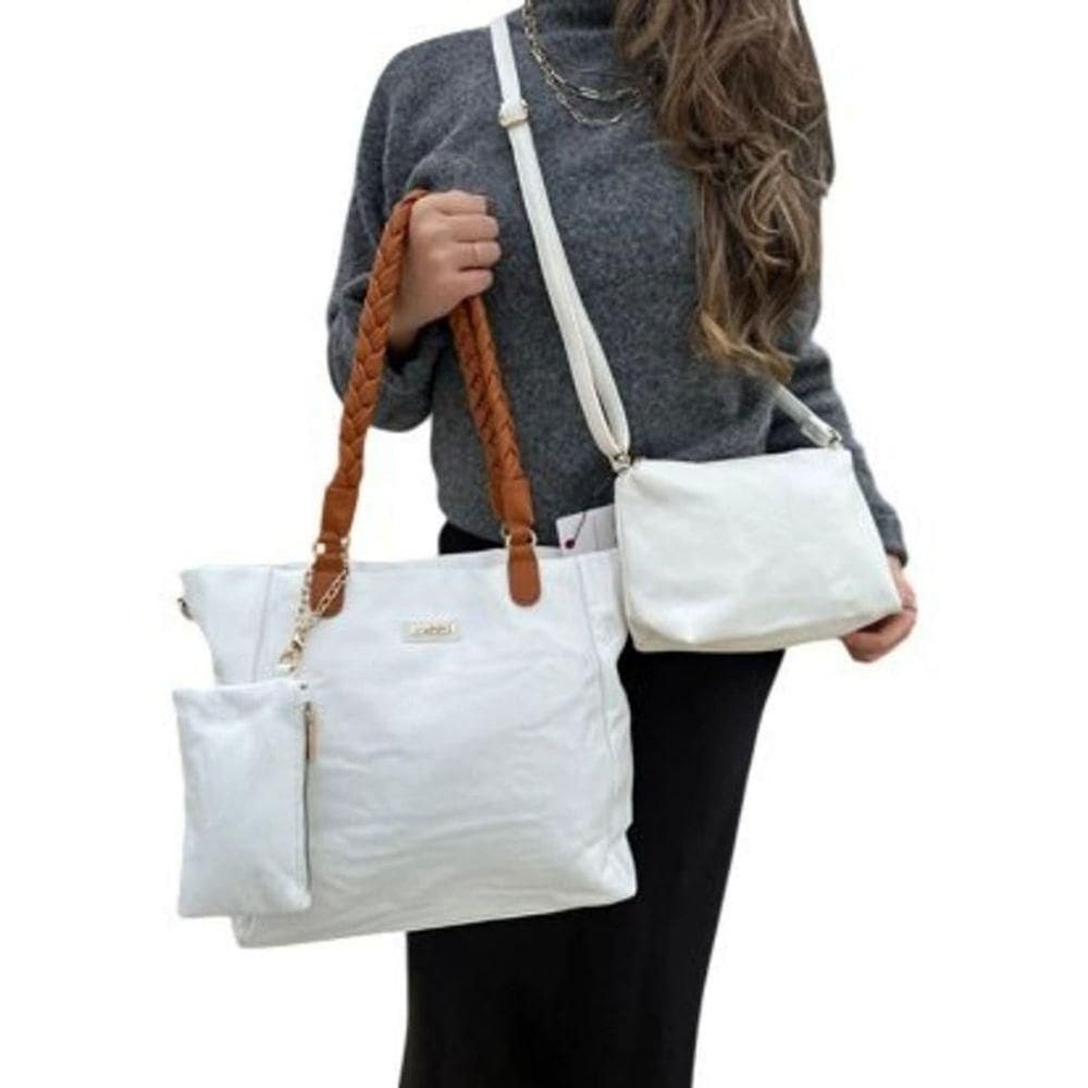 Kit 3 Peças Bolsa Feminina Com Alça Trançada Lyssa Branco