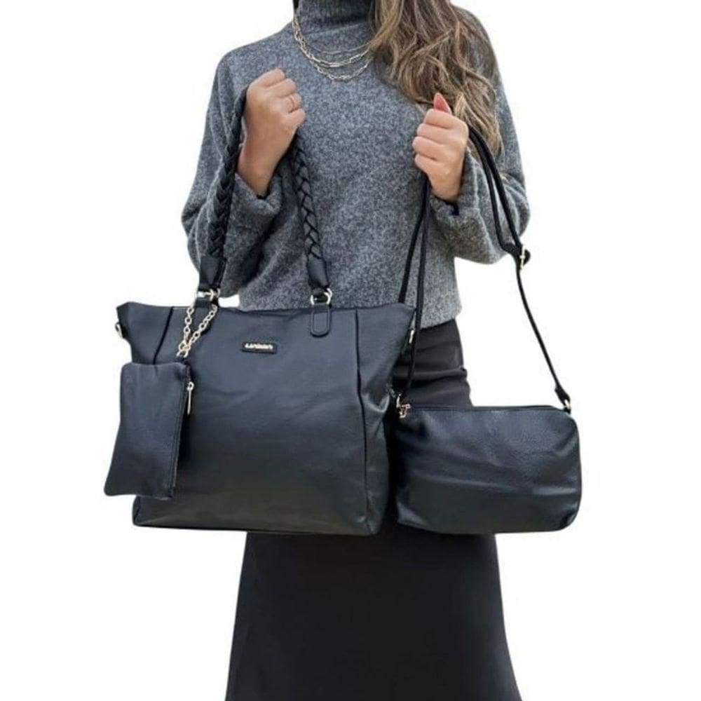 Kit 3 Peças Bolsa Feminina Com Alça Trançada Lyssa Preta