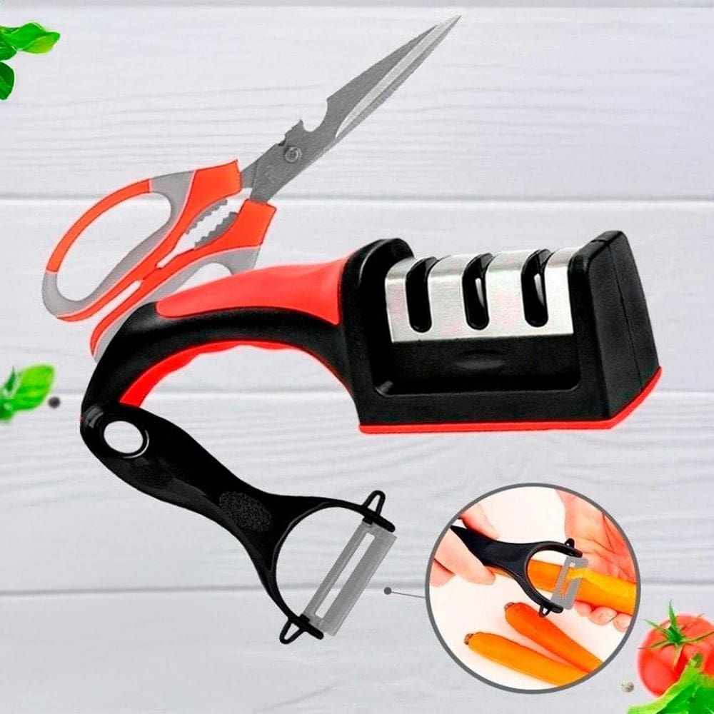 Kit Amolador Tesoura Facas E Afiador Para Cozinha Churrasco