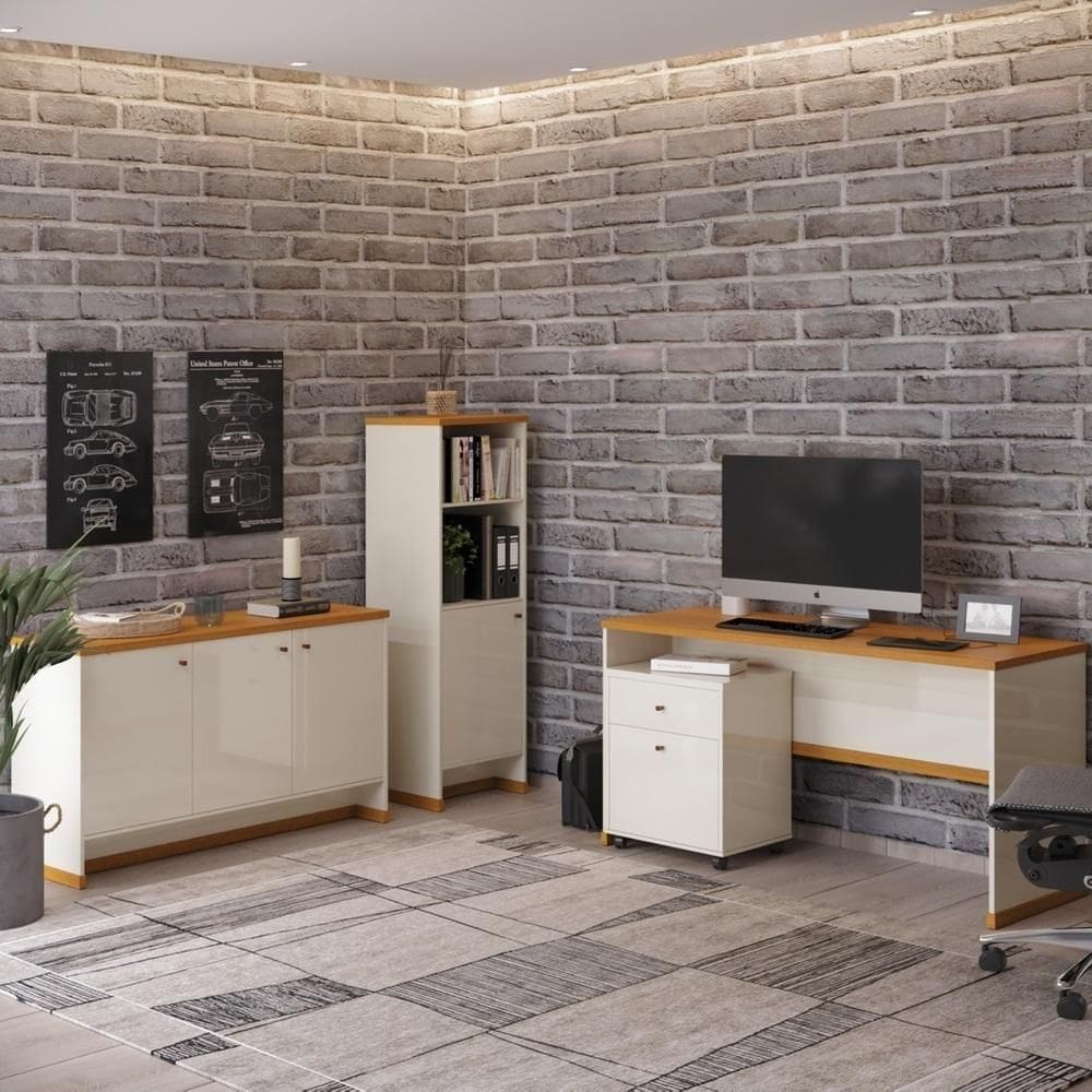 Conjunto Escritório Office 4 Peças Mesa Gaveteiro Armário Bu - Off White E Off White E