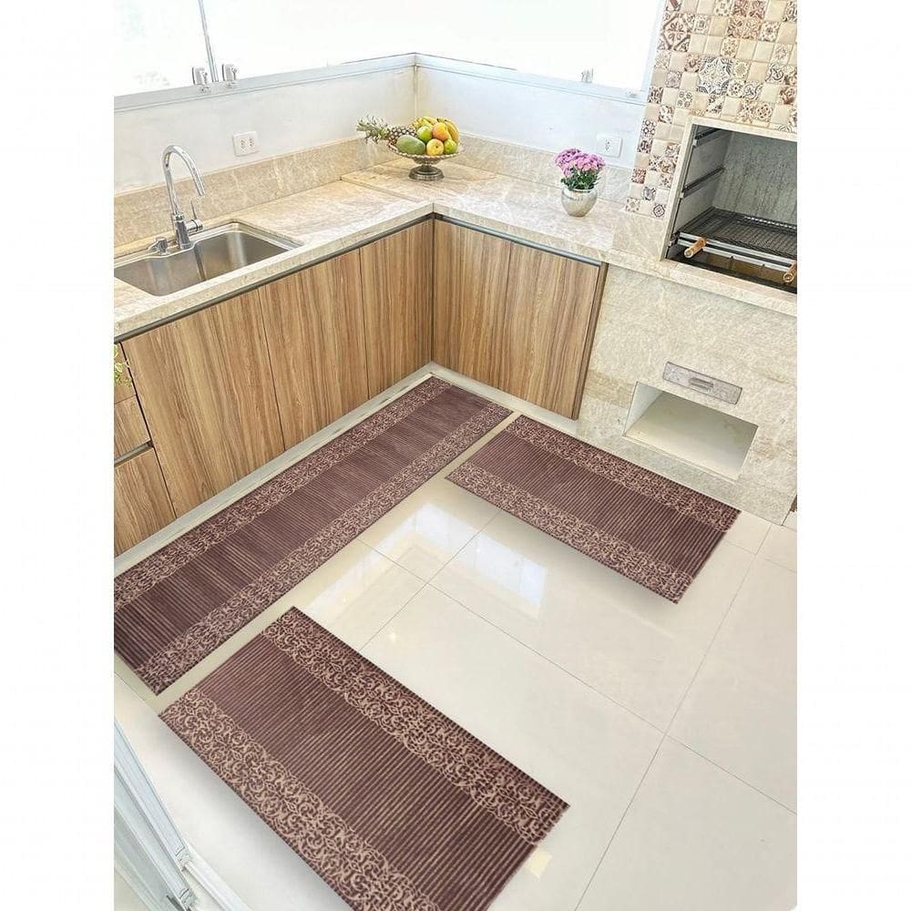 Kit 3 Peças Jogo Cozinha Passadeira Emborrachada Não Derrapa Barrado Bege Marrom