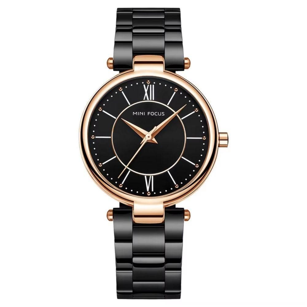 Relógio Feminino Pulseira De Aço Inoxidável á Prova D´agua Quartzo Preto Dourado