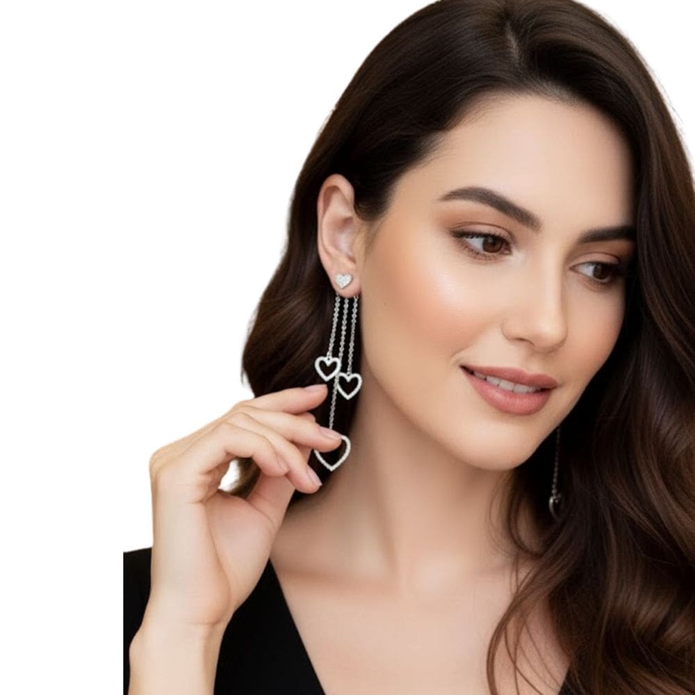 Brinco Prateado Corações com Corrente Delicada Luxo Festa