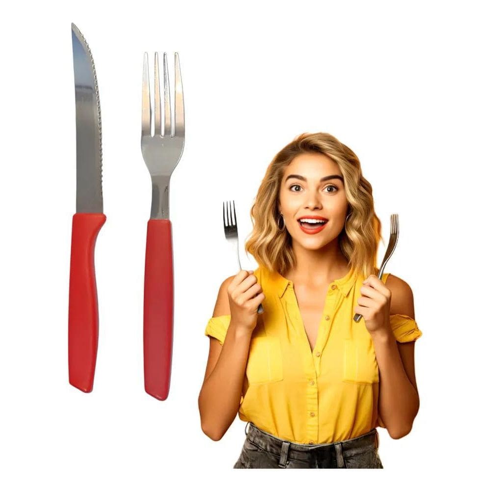 10X Jogo Garfo Faca Inox Cabo Plástico 24 Peças Preto/Verme