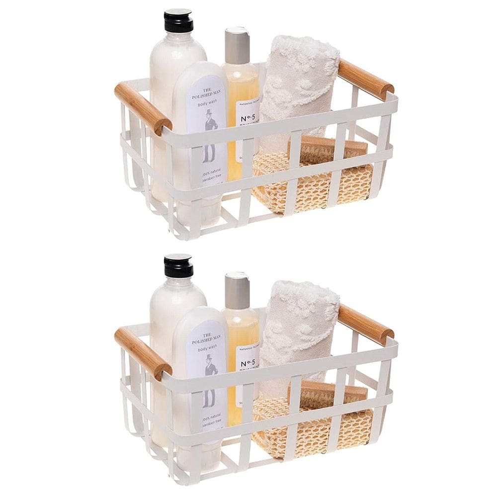 Kit 2 Cesto De Metal Alca De Bambu Multiuso Branco