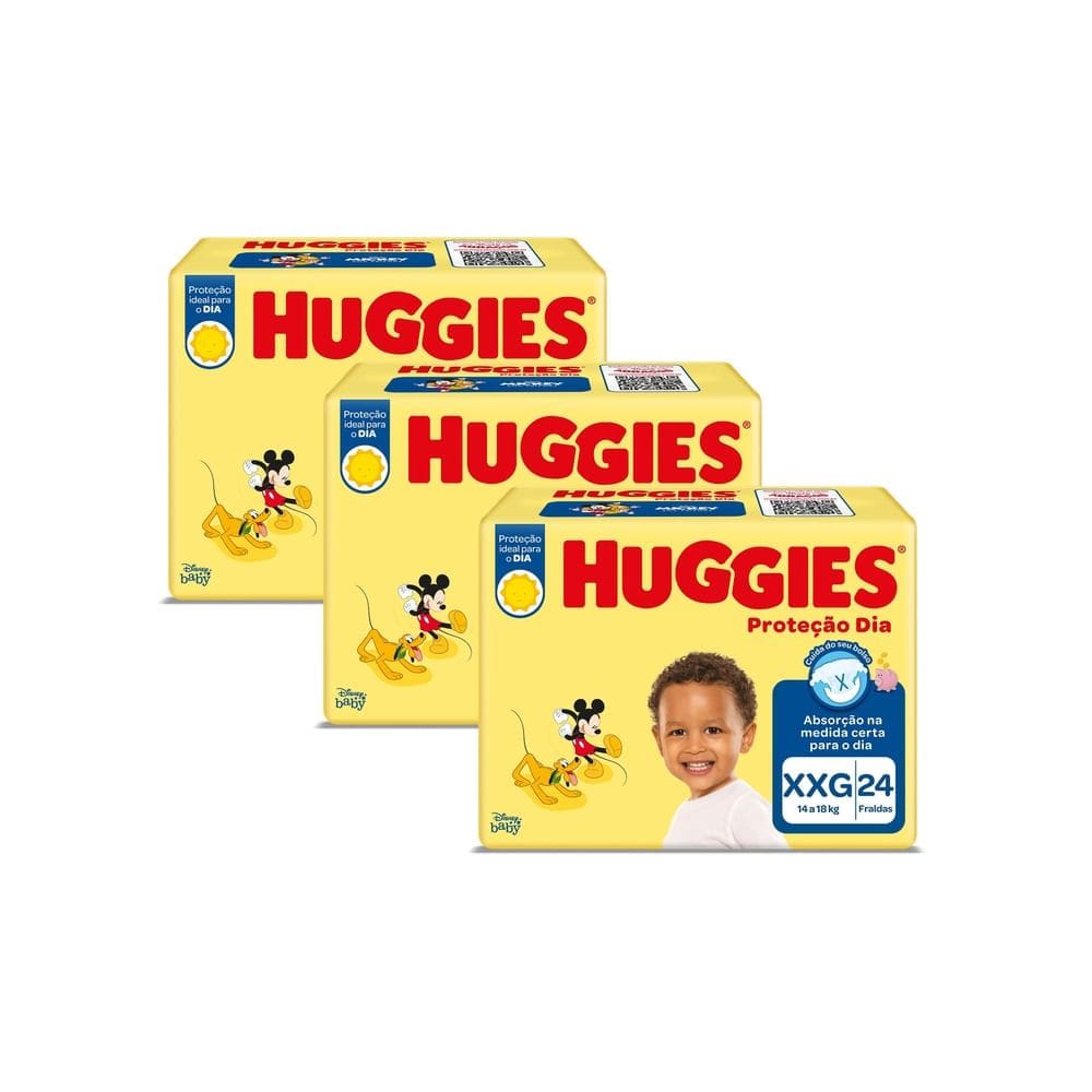 Kit 3 Fralda Huggies Proteção Dia Tamanho XXG 24 Unidades Descartáveis
