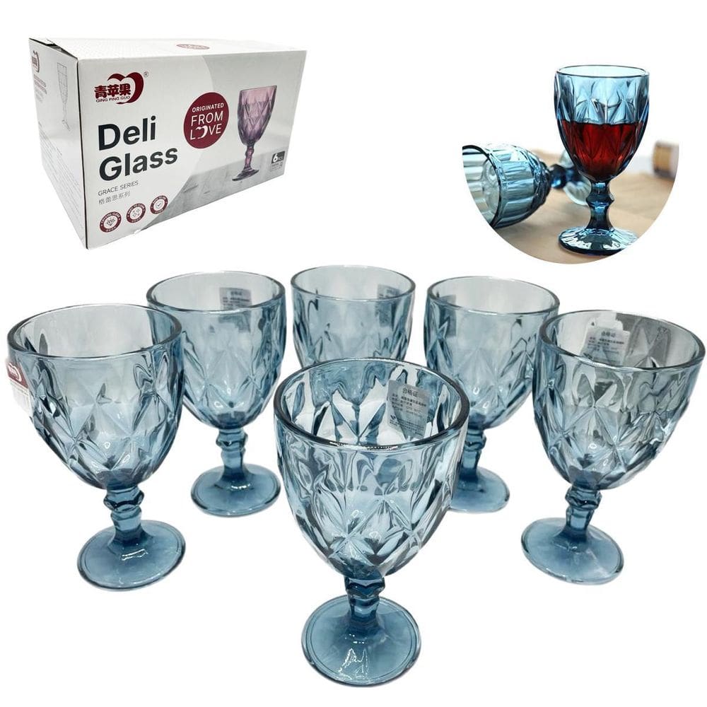 Jogo 6 Taças Modelo Diamante Em Vidro Azul 340Ml