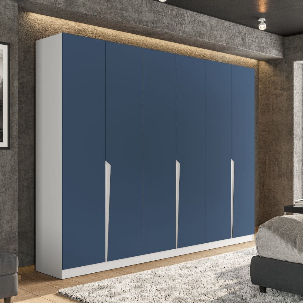 Guarda Roupa Roupeiro 6 Portas 4 Gavetas Porto Branco Azul Politorno Móveis