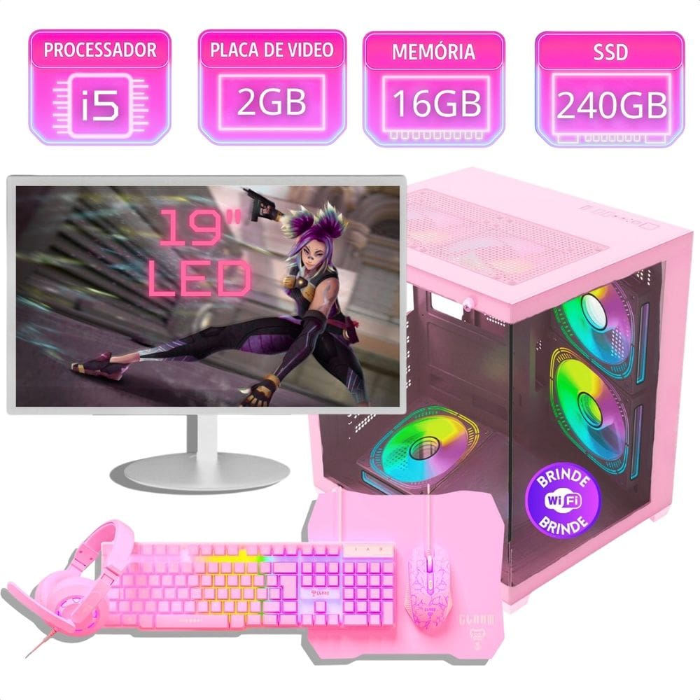 Pc Gamer Completo Kit Computador Rosa Intel I5 16gb Ssd 240gb Placa De Video 2gb