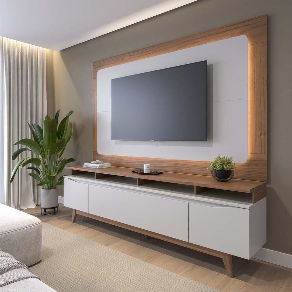 Rack Flynt com Painel Oslo para TV até 75” 3 Portas 184 cm - Canella c/ Off White Fosco