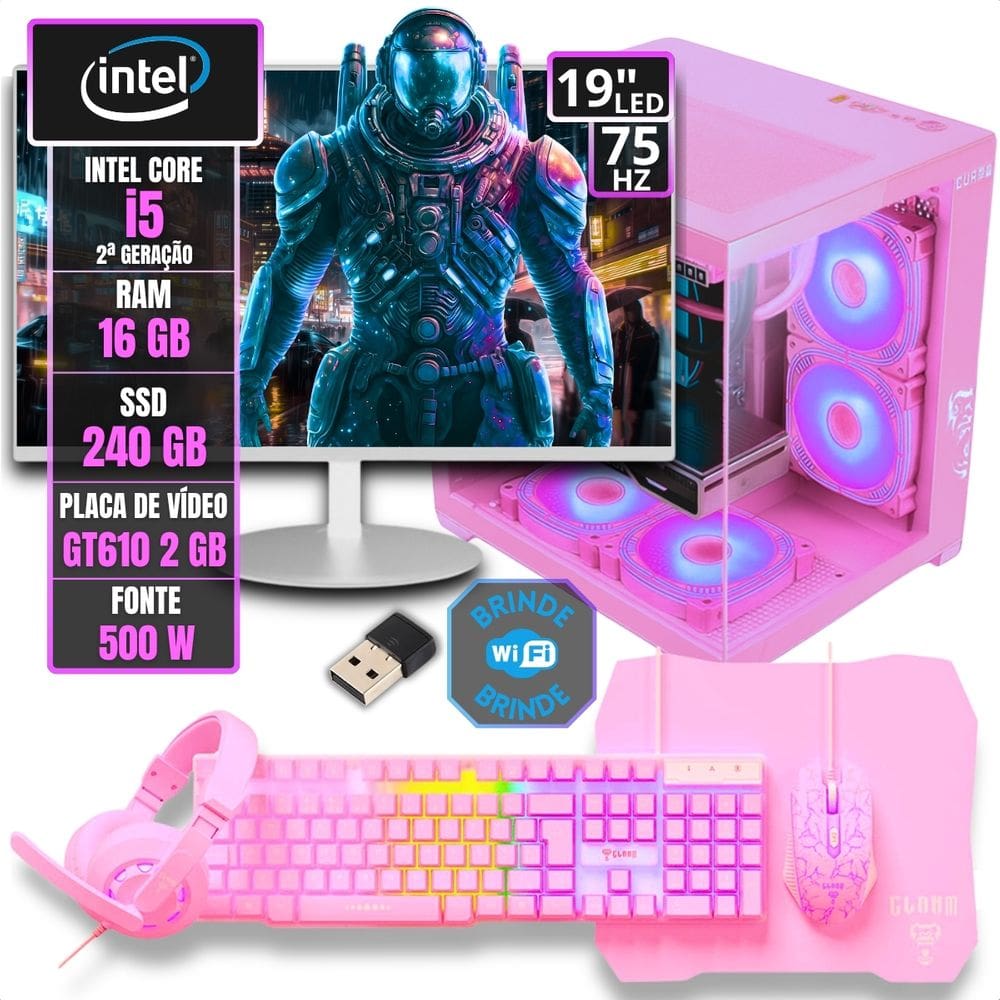 Pc Gamer Aquário Completo Rosa Montado Intel Core I5 3°g - 240 Gb - 16 Gb - Gt610 2gb