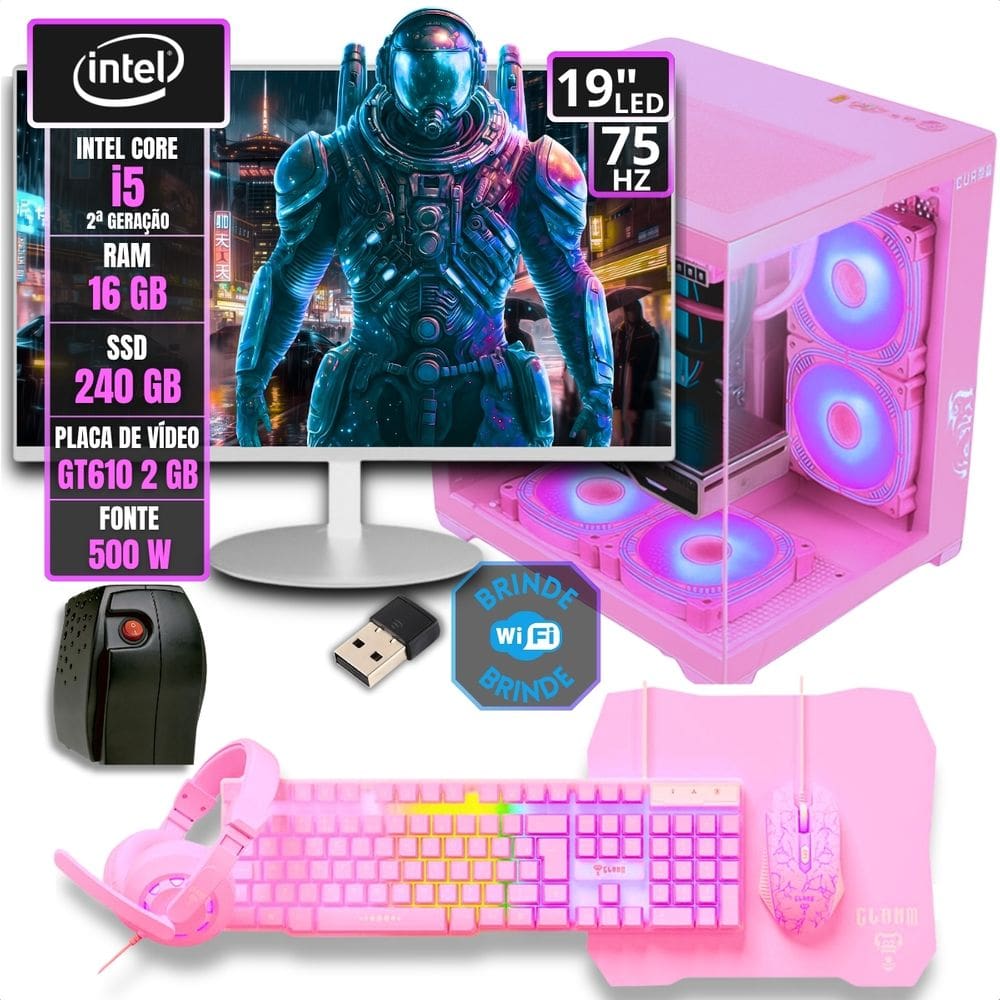 Pc Gamer Aquário Montado Kit Estabilizador Completo Intel I5 - 240 Gb - 16 Gb - Gt610 2gb