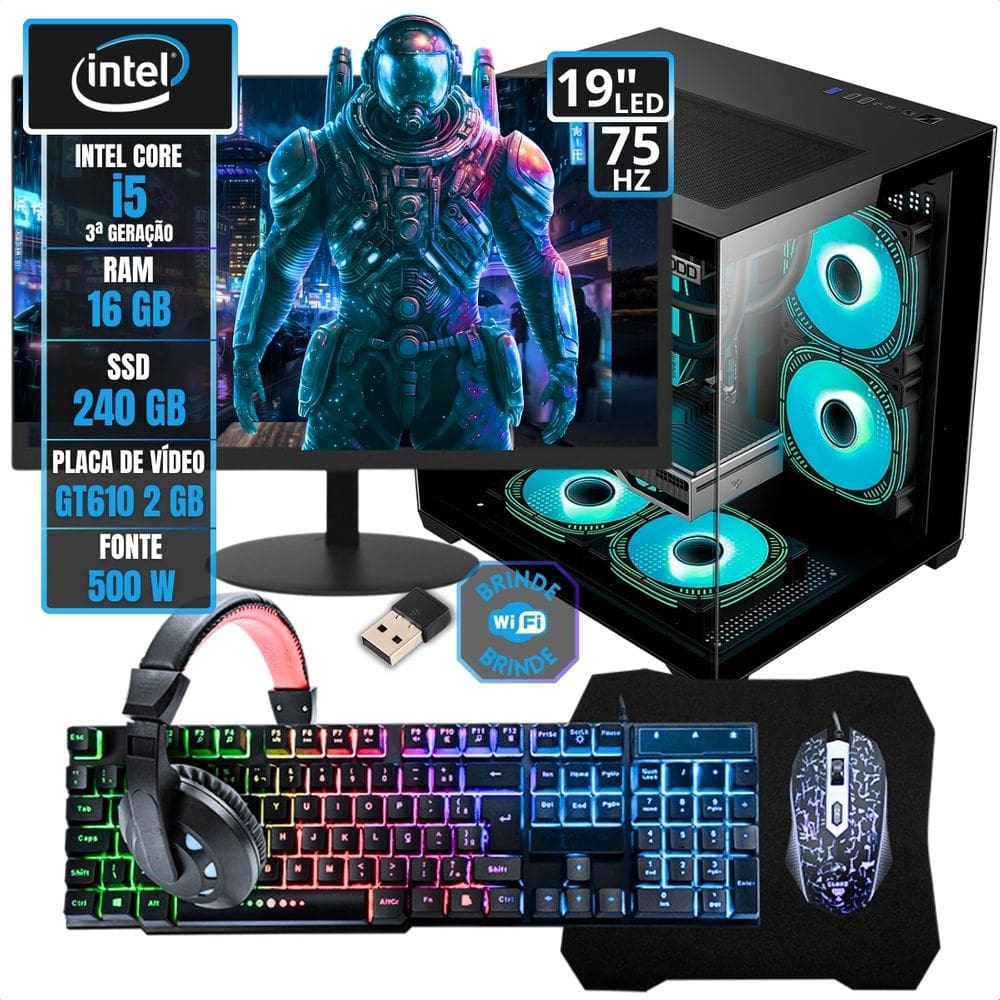 Pc Gamer Aquário Montado Kit Computador Pronto Intel I5 3°g - 240 Gb - 16 Gb - Gt610 2gb