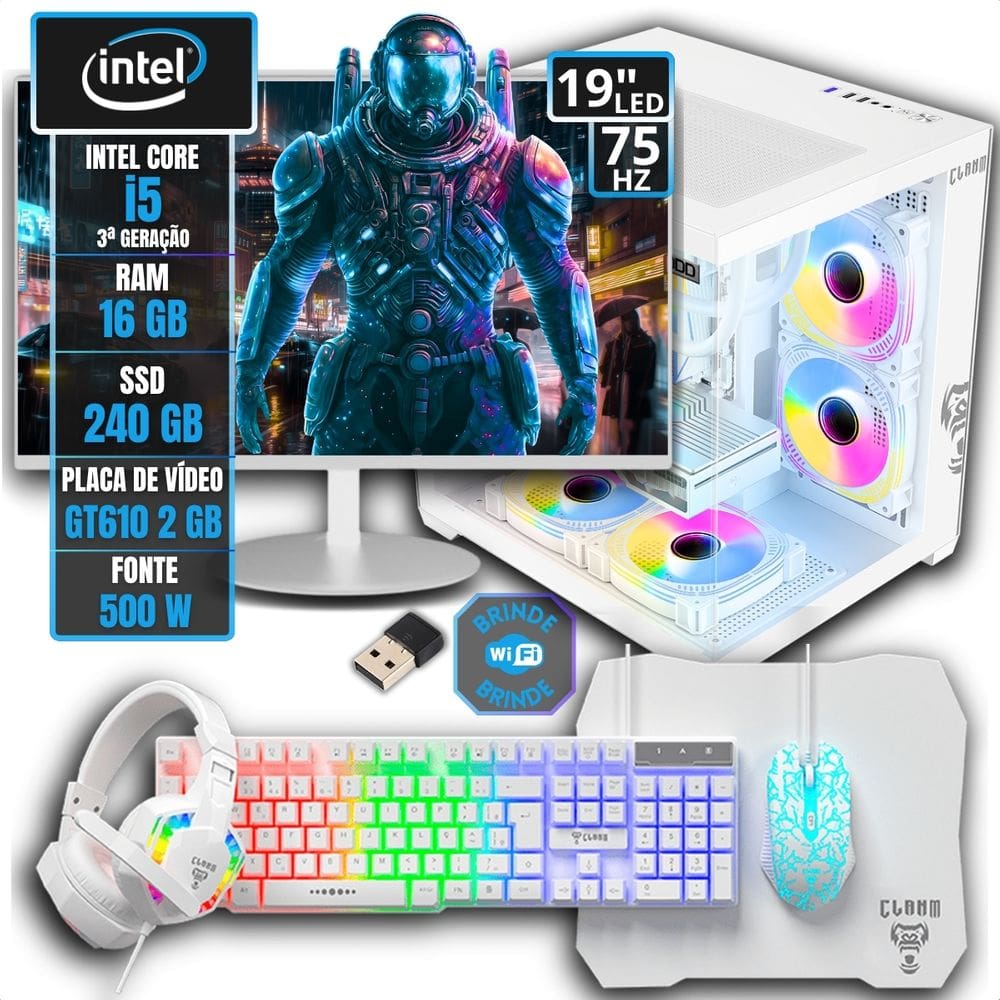 Pc Gamer Aquário Computador Branco Montado Intel 3°g I5 Ssd - 240 Gb - 16 Gb - Gt610 2gb