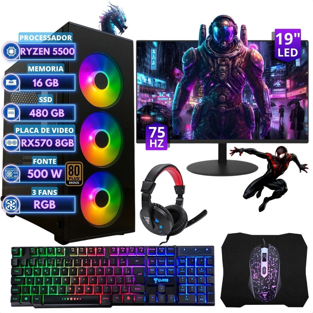 Pc Gamer Completo Ryzen 5 16gb Ssd 480gb Vídeo Rx570 + Combo 480 Gb 16 Gb Rx570 8 Gb