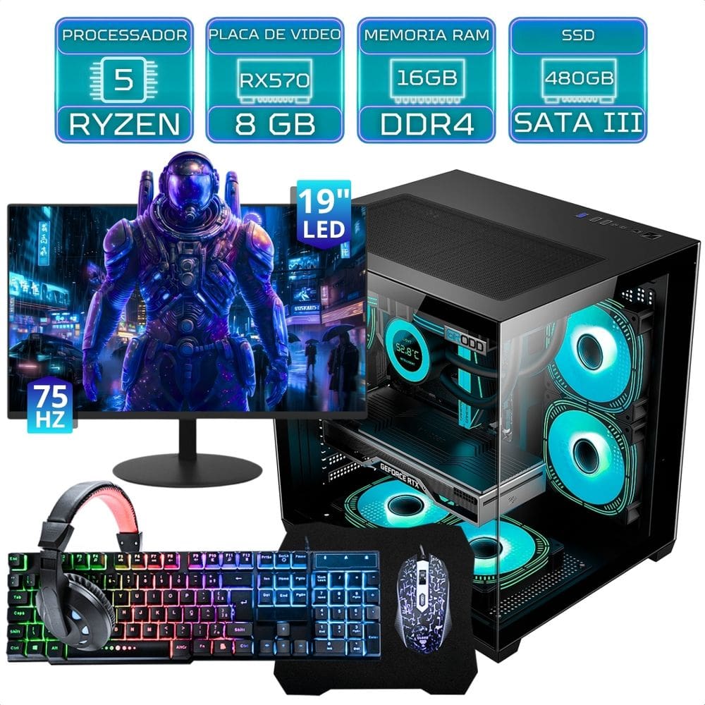 Pc Gamer Aquário Completo Ryzen 5 16gb Ssd 480gb Rx570 + Kit 480 Gb 16 Gb Rx 570 8 Gb