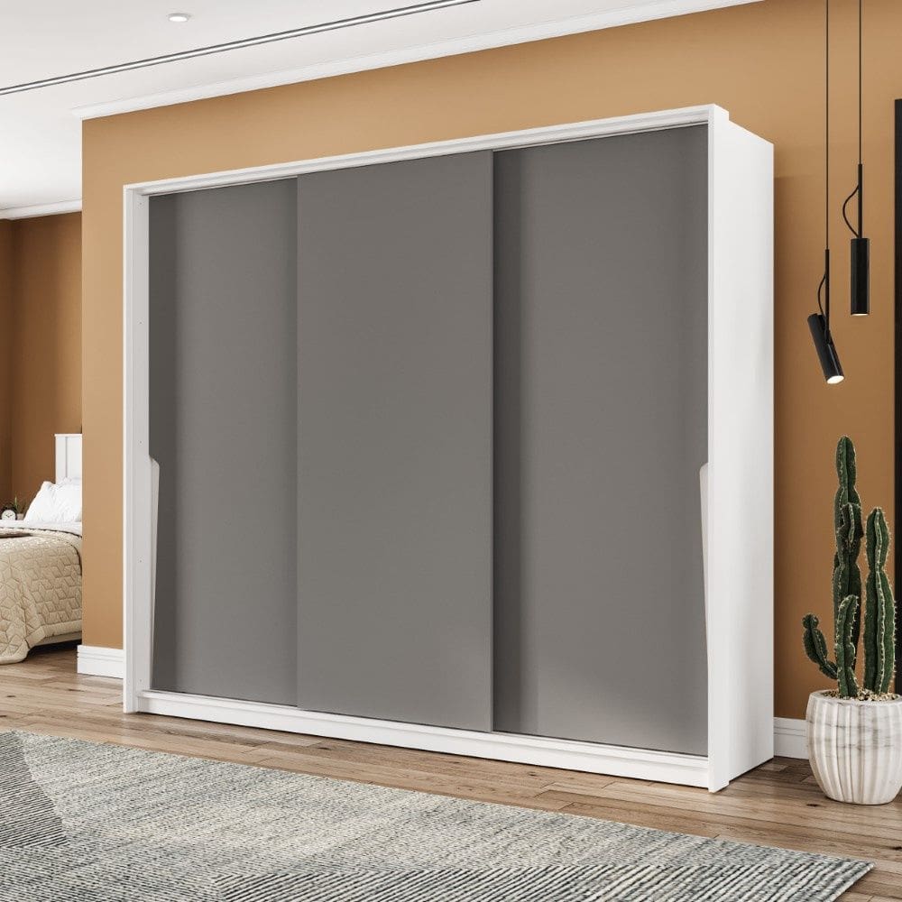 Guarda Roupa Roupeiro 3 Portas de Correr 4 Gavetas Porto Branco Cinza Politorno Móveis